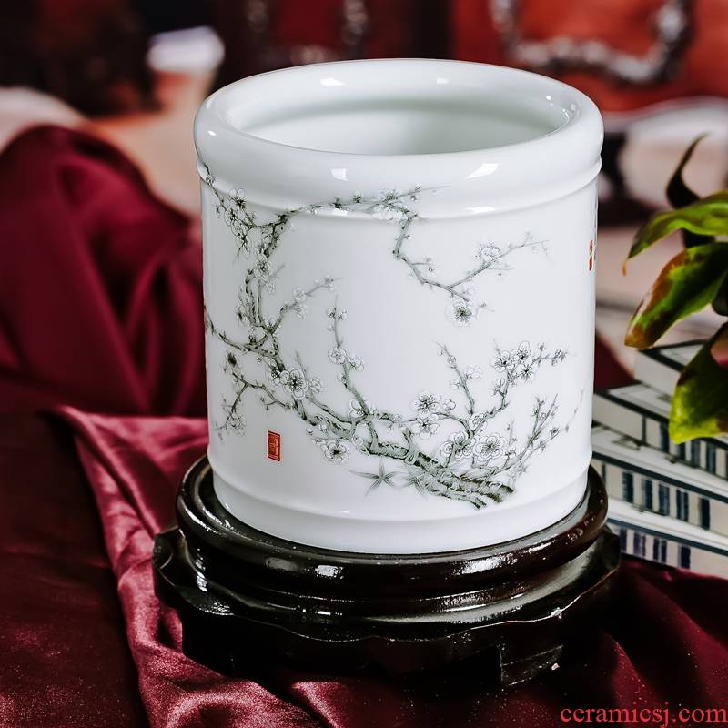 Jingdezhen ceramic salted and dried name plum red xin 】 【 brush pot simple but elegant exquisite furnishing articles four treasures of the study