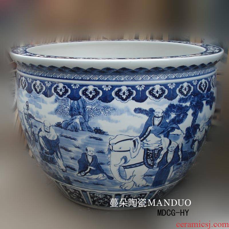 The Big cylinder diameter 90 jingdezhen blue and white 18 arhats hand - made porcelain porcelain Buddha temple art vats