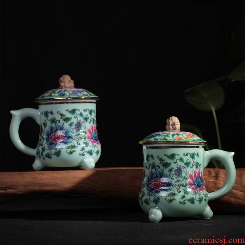 Red xin celadon teacup ceramic cup coloured drawing or pattern, the mythical wild animal creative office with cover cup with a cup of mercifully tea cups