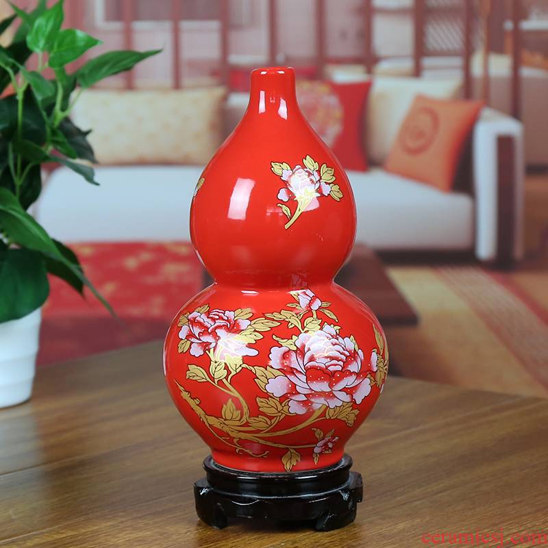 Jingdezhen ceramic vases, Chinese red modern home sitting room place gold peony gourd bottle housewarming gift