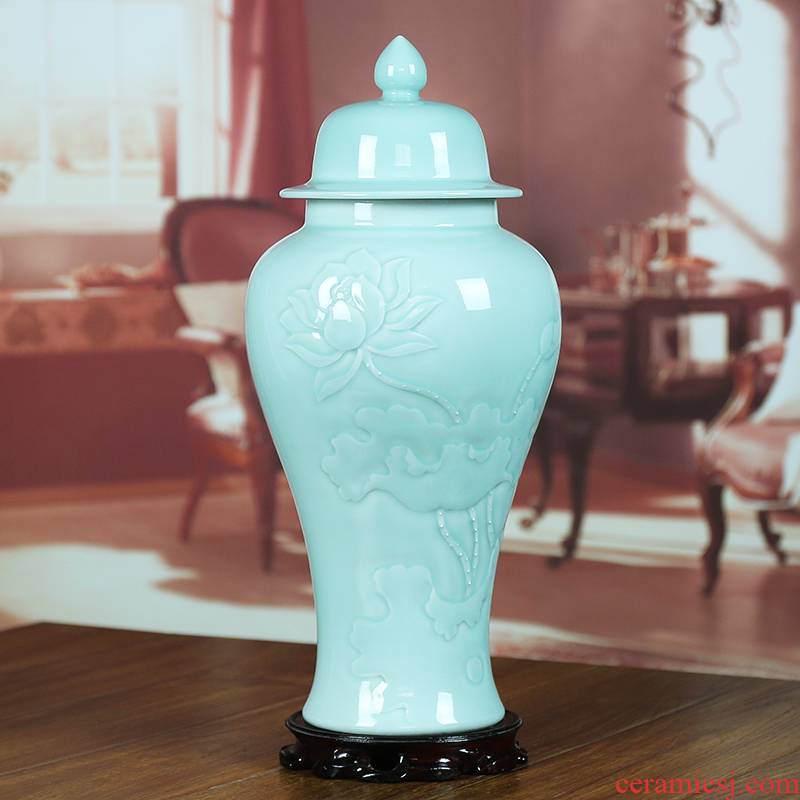 Jingdezhen ceramics shadow celadon sealed tank storage tank caddy fixings the general pot of modern household vase furnishing articles