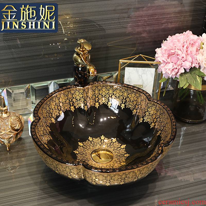 Gold cellnique European stage basin of jingdezhen ceramic lavabo black Jin Wen contracted the lavatory toilet