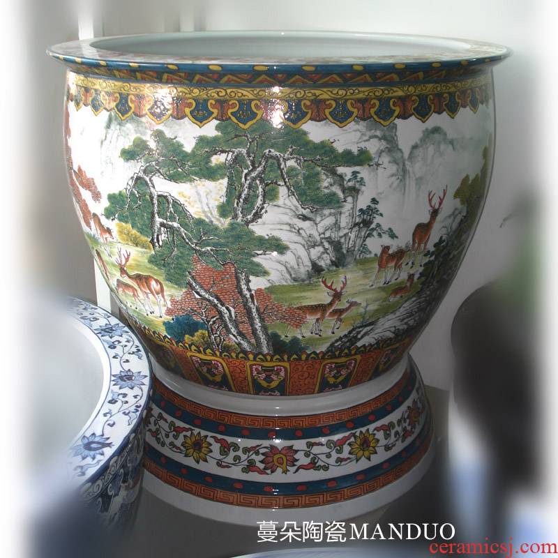 Jingdezhen hand - made under glaze color porcelain VAT hand - made the deer figure crane, deer foot with spring porcelain porcelain cylinder cylinder