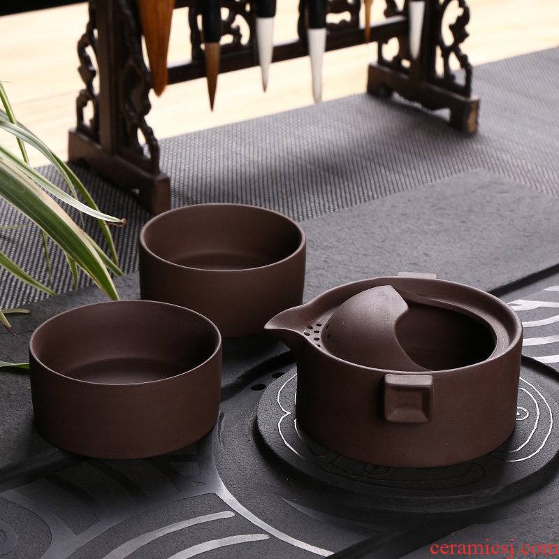 Yixing purple sand crack cup improvised a pot of 2 cup teapot teacup suit portable bag ceramic kung fu tea set