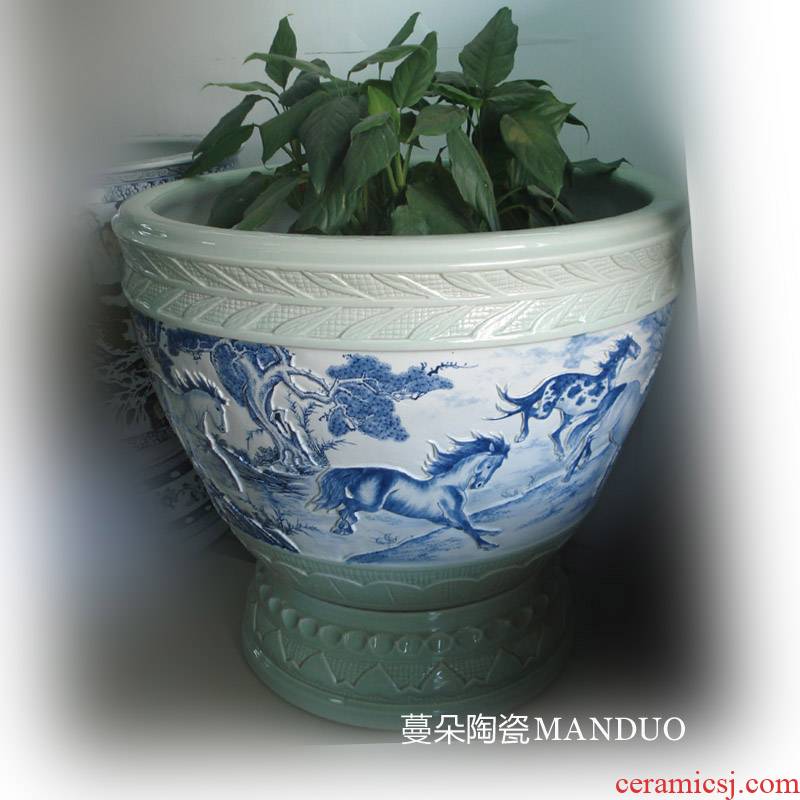 Jingdezhen blue and white horse relief figure China porcelain flowers with foot cylinder China aquarium diameter of 80