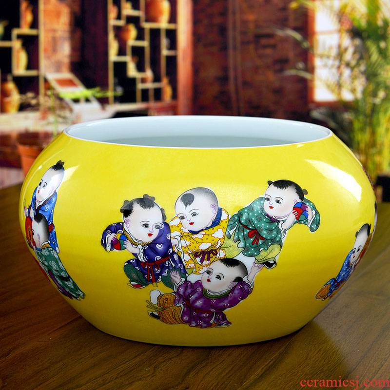 Jingdezhen ceramics yellow glaze the lad goldfish bowl shallow tortoise cylinder modern home sitting room handicraft furnishing articles