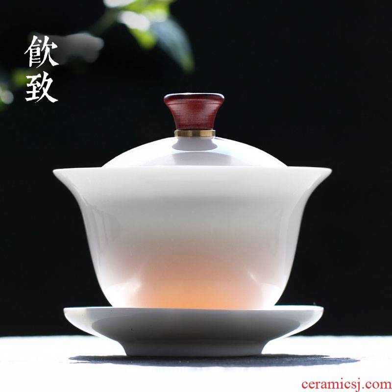 Ultimately responds to dehua white porcelain anti hot tureen large thin foetus single ceramic tea bowl three cups footed kung fu tea set