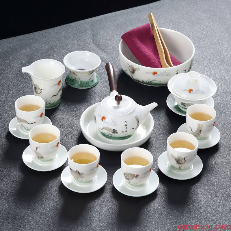 Suet jade porcelain kung fu tea set suits for Chinese style home office of a complete set of jingdezhen ceramic tea lid bowl