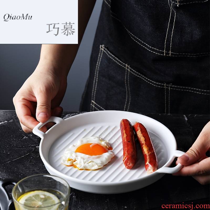 Qiao mu Nordic creative web celebrity photos tableware with handle plates special - shaped baking dish plate microwave oven ceramic flat