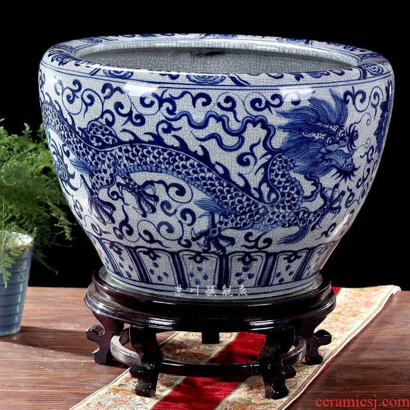Hand - made on crack longfeng archaize aquarium blue and white porcelain jingdezhen ceramics sleep bowl lotus painting and calligraphy tortoise cylinder