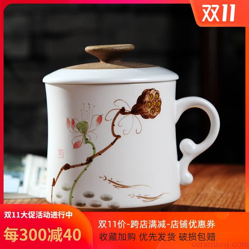 Jingdezhen hand - made of new ceramic cups with cover filter move woman with personal office water glass tea set