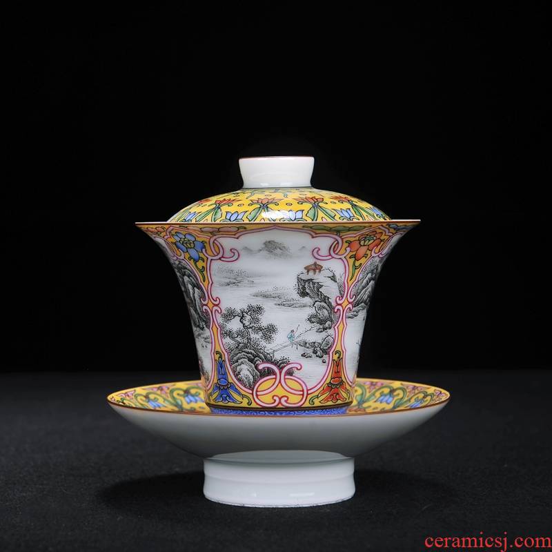 Flooded hand - made wooden jingdezhen ceramics pastel landscape three emperor to heavy industry tureen kung fu tea tea bowl