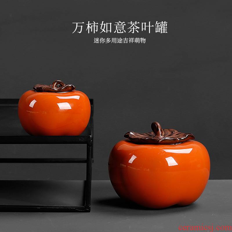 Persimmon Persimmon ruyi caddy fixings small mini carry portable ceramic Persimmon furnishing articles containers of tea POTS
