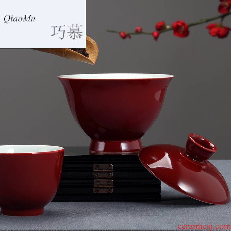 Qiao mu Taiwan FengZiJi red ceramic tureen tea is tea cups three bowl bowl cover the home of kung fu