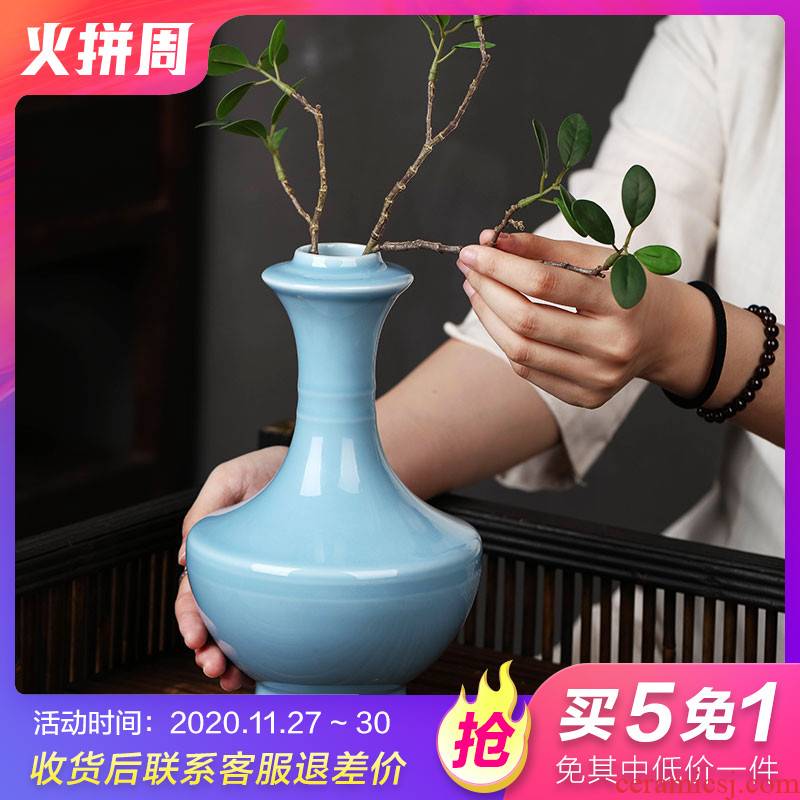 Jingdezhen ceramics powder blue glaze vase flower arranging small creative living room of Chinese style household adornment desktop furnishing articles