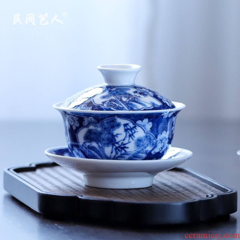 The Blue hand - made of ice may open a window tureen jingdezhen ceramic three cups of kung fu tea set is not a hot tea cutting mechanism