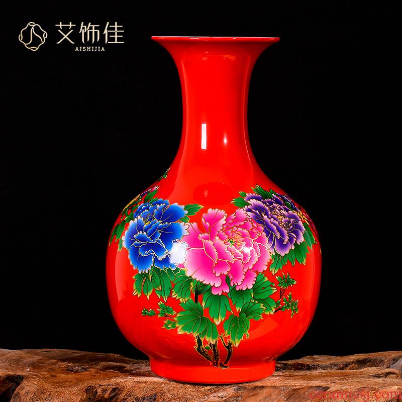 Jingdezhen ceramic vase red new Chinese wine TV ark, blooming flowers, flower arrangement, the sitting room porch decoration