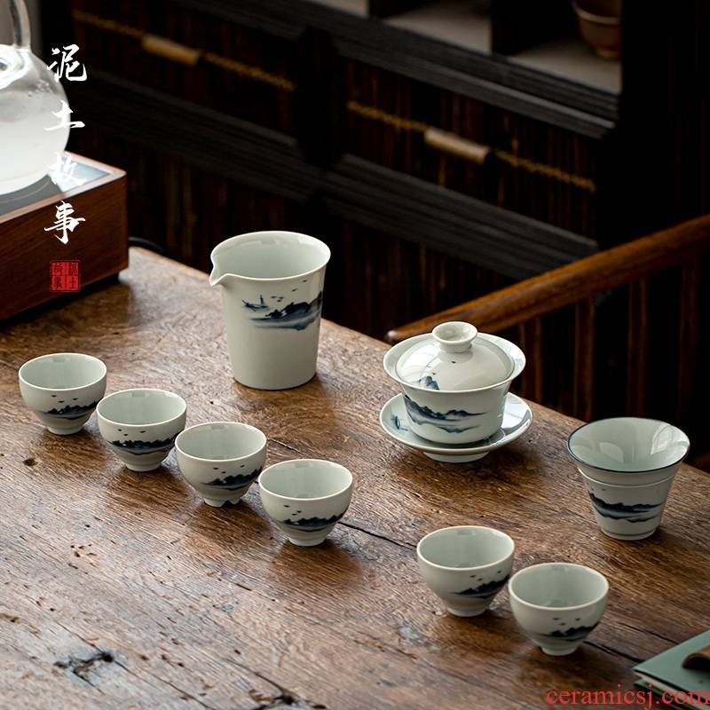 Jingdezhen antique hand - made kung fu tea set suit household ceramic tureen tea cups contracted sitting room of a complete set of gift boxes