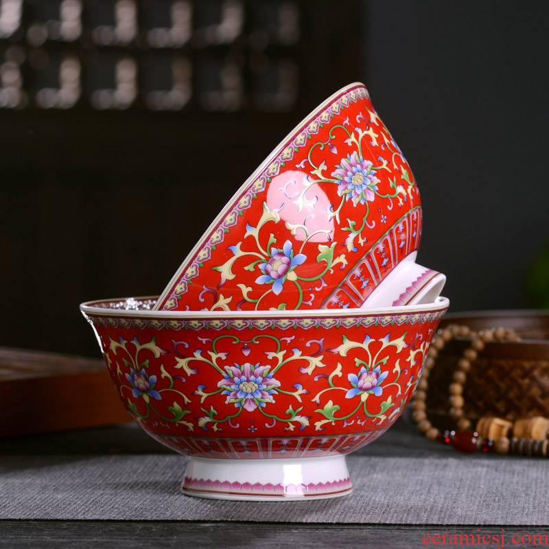 Jingdezhen ceramic tableware bowl of red of Chinese style household celebration gifts customized archaize tall rice porridge rainbow such as bowl bowl back