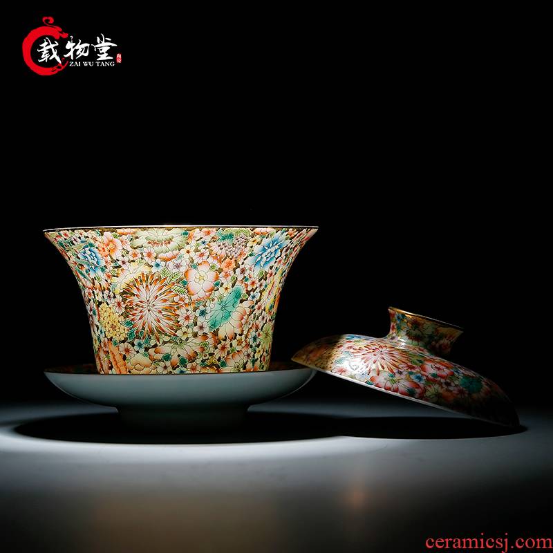 Submerged wood hand - made paint famille rose flower is kung fu tureen only three bowls of jingdezhen tea service suit bag mail tea bowl
