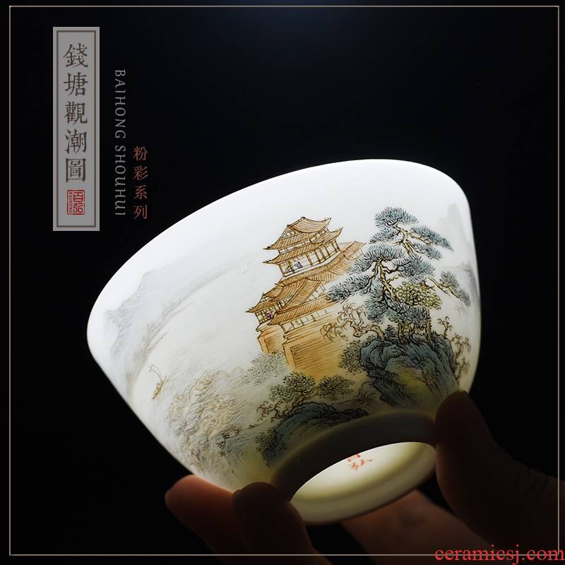 Hundred hong powder enamel cup master cup single cup of jingdezhen tea service manual hand - made qiantang bore figure sample tea cup