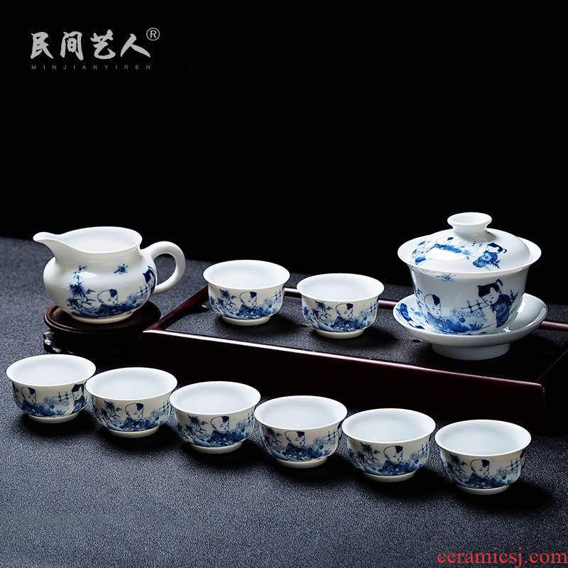 Folk artists checking applique baby play figure blue and white porcelain tea sets of jingdezhen ceramic home sitting room of a complete set of CPU