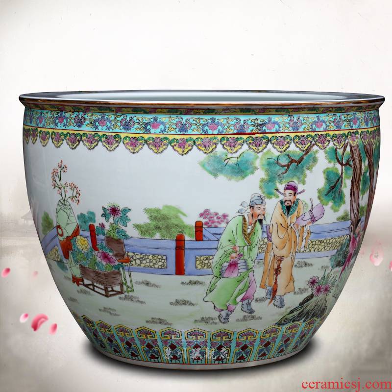 Jingdezhen ceramic hand - made archaize straight spent large goldfish bowl fish bowl lotus cylinder calligraphy and painting tortoise cylinder