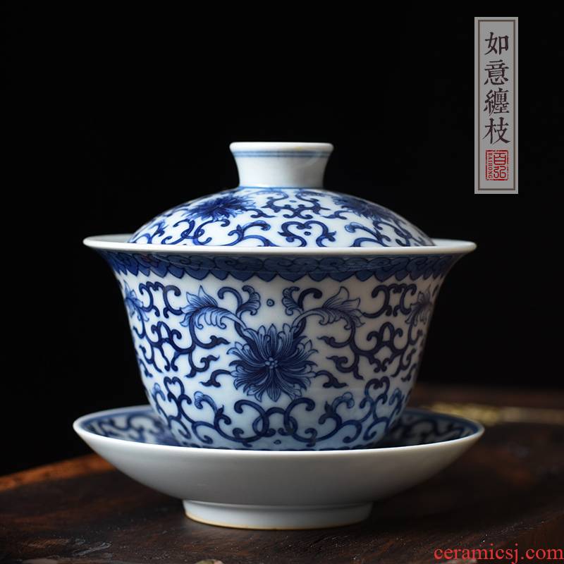 Imitation wood tureen jingdezhen ceramic checking hand - made bound branch lotus antique Imitation maintain the make tea bowl three cups