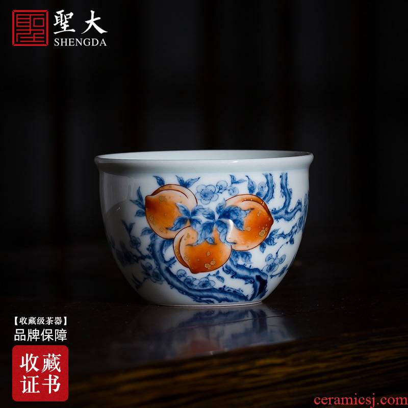 St big blue and white alum red see colour peach teacups hand - made ceramic kung fu wen cylinder cup single cup all hand of jingdezhen tea service