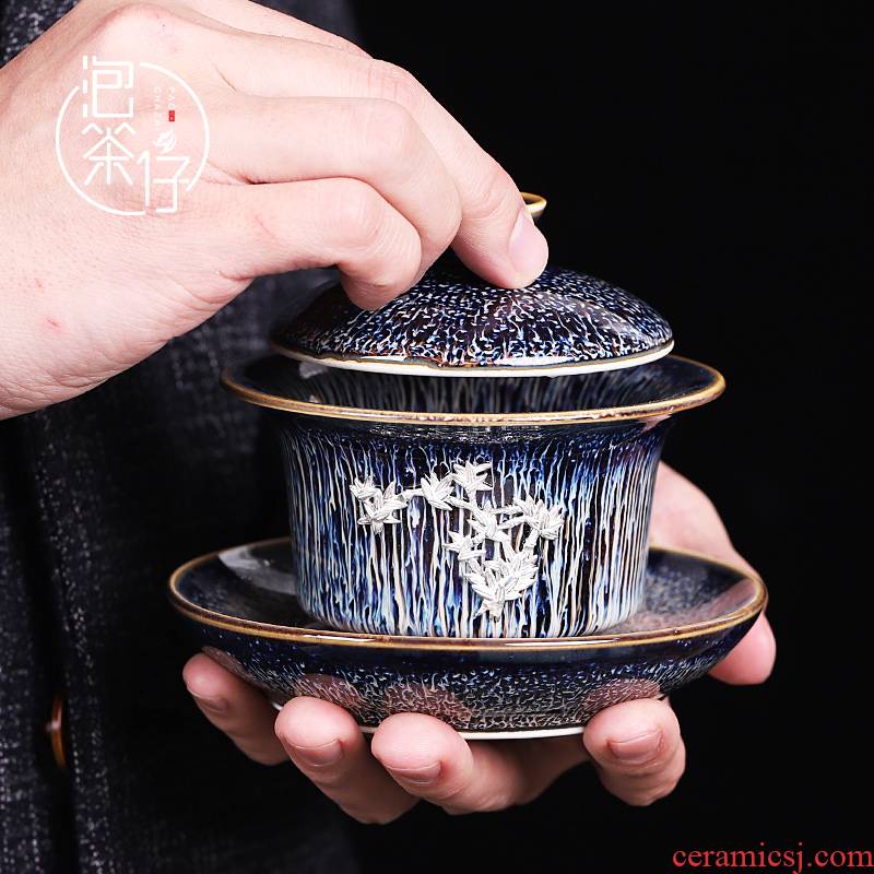 Tea seed built light silver checking ceramic three tureen kung fu Tea sets a single Tea bowl cups