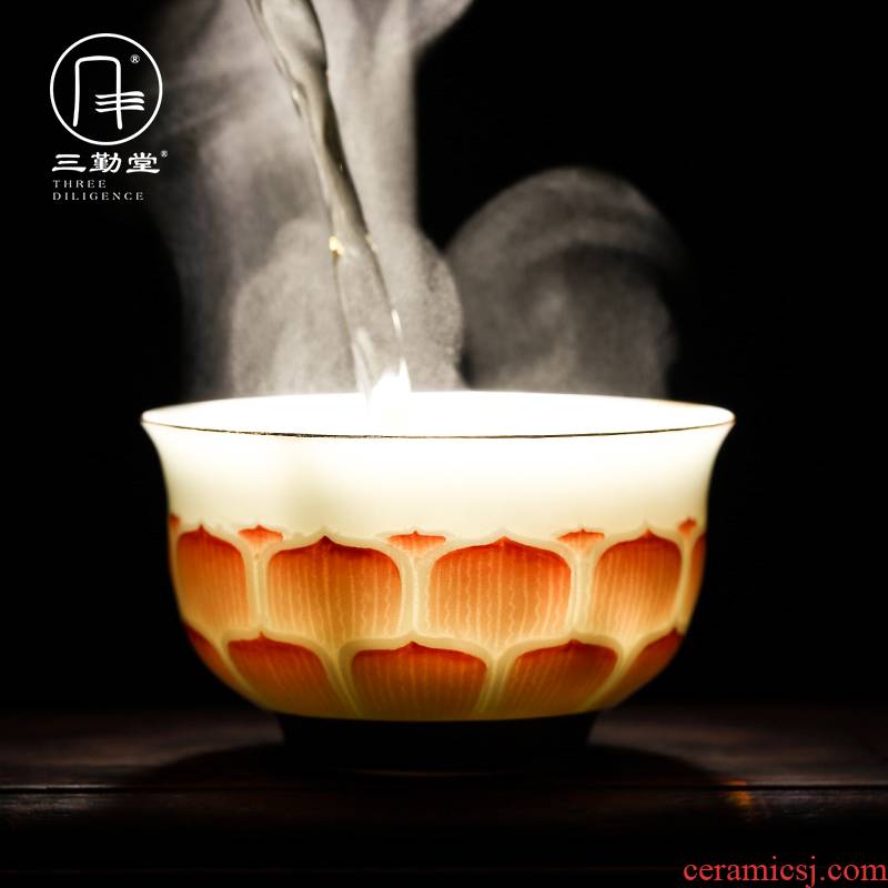 Kung fu tea cup three frequently hall jingdezhen ceramic sample tea cup tea cup celadon hand - made paint brahman red cups