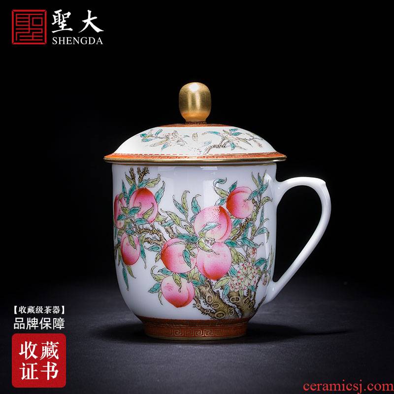 Holy big office cup hand - made ceramic famille rose, peach handle cup all hand with cover cup jingdezhen tea tea cup