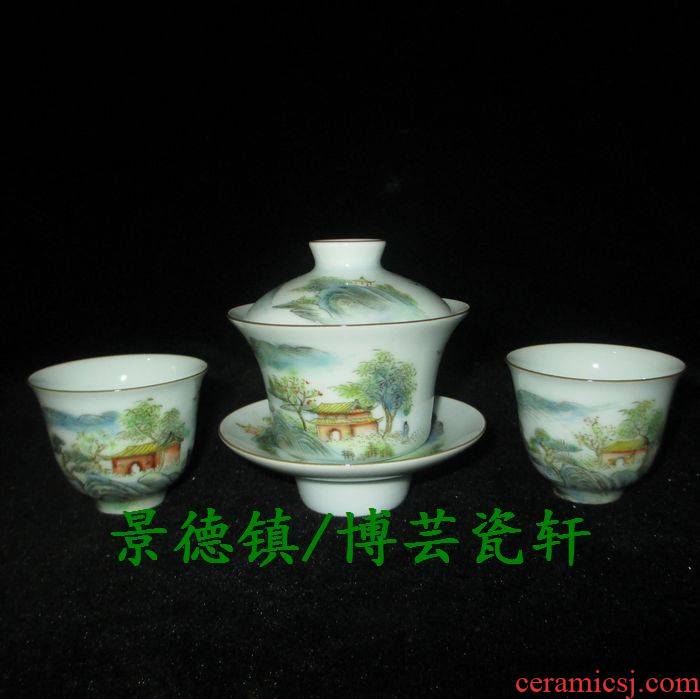 Submerged wood jingdezhen porcelain factory goods cultural revolution shadow blue glaze enamel hand - made scenery tureen tea cups