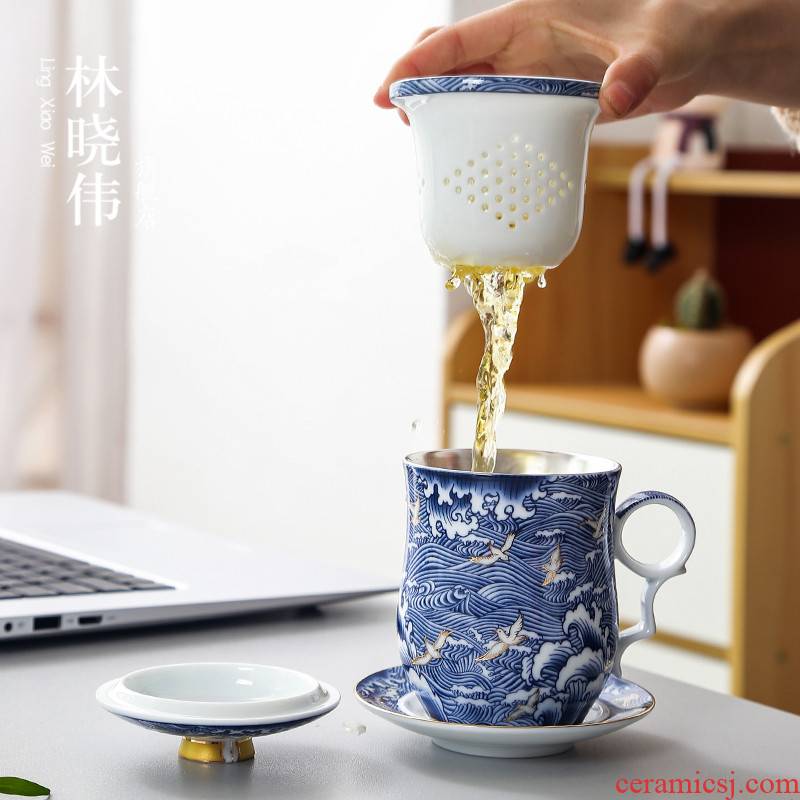 Lin Xiaowei coppering. As silver, blue and white porcelain ceramic cups with cover glass mugs domestic large capacity office people