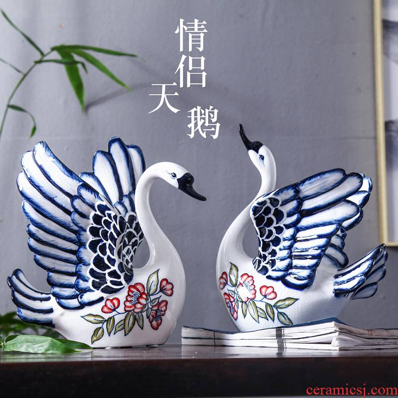 Blue and white porcelain ceramic swan sitting room porch ark adornment TV ark, furnishing articles household ceramic arts and crafts