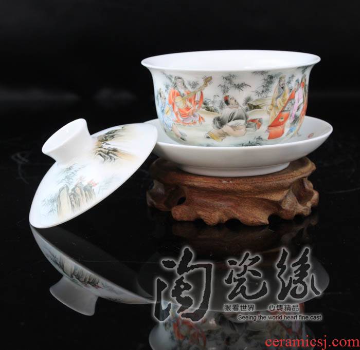 Flooded wood jingdezhen porcelain tea tureen manual only three hand pastel glass ceramic bowl cover cups of tea ware