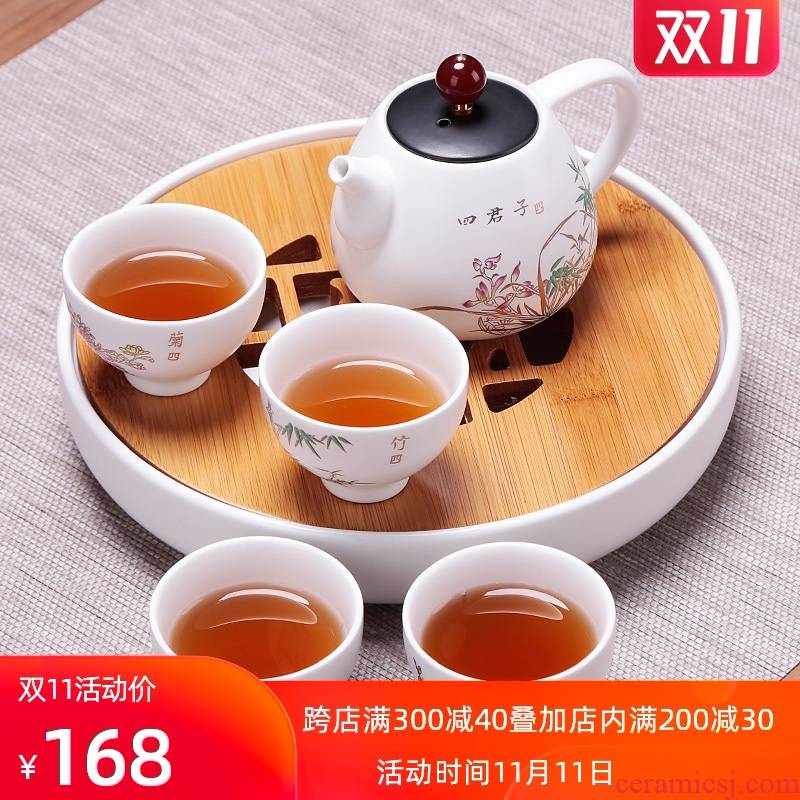 Portable simple set of a pot of four travel car kung fu tea set mini tea tray was suit small ceramic