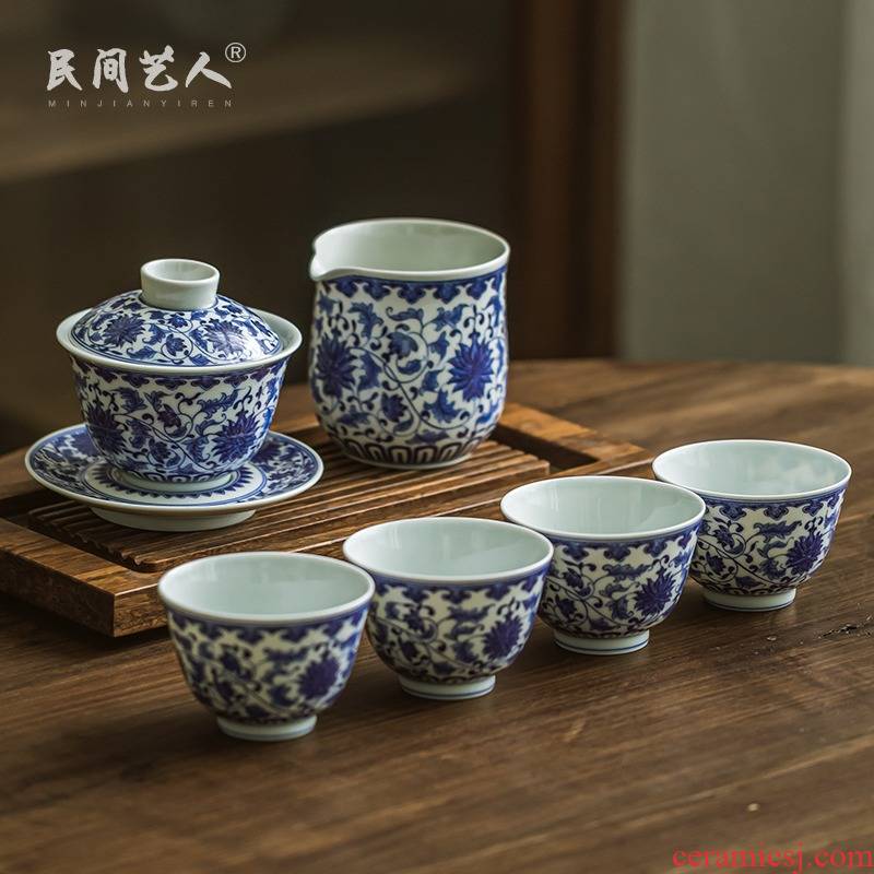 All hand hand draw blue and white porcelain tea set jingdezhen ceramics branch lotus masters cup set of kung fu tea set