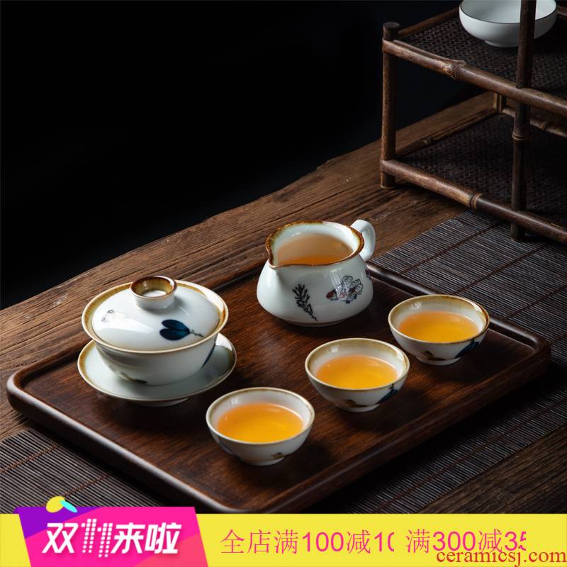 Poly real (kung fu tea set household jingdezhen ceramic retro scene hand - made three set of tureen household contracted