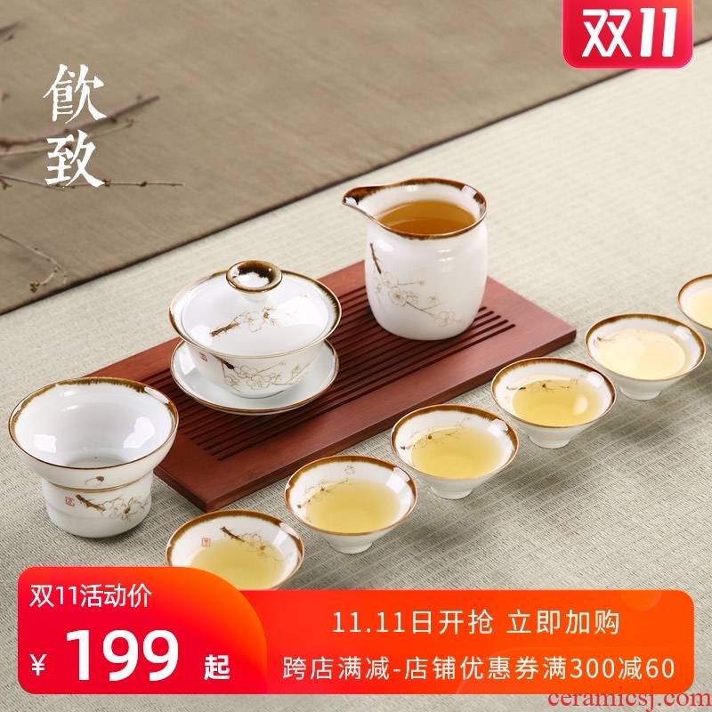 Ultimately responds to jingdezhen hand - made up with tea set household kunfu tea tureen of pottery and porcelain of a complete set of tea cups thin foetus