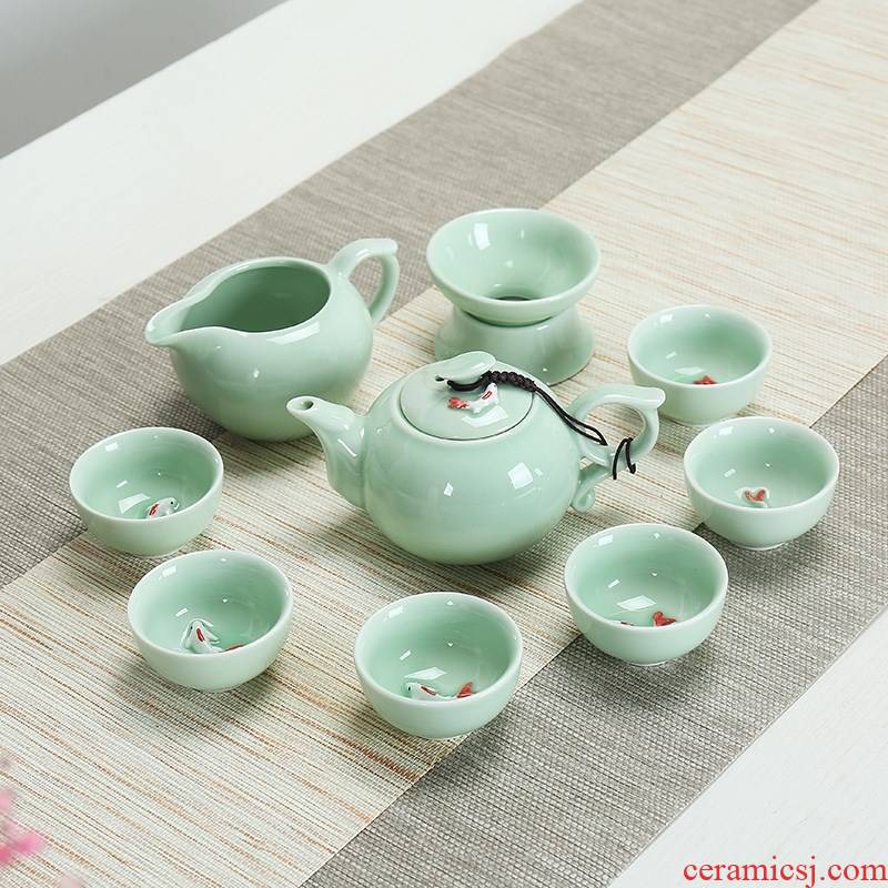 Tea set with small fish longquan celadon kung fu tureen ten piece of fish cup Tea carp cup teapot teacup