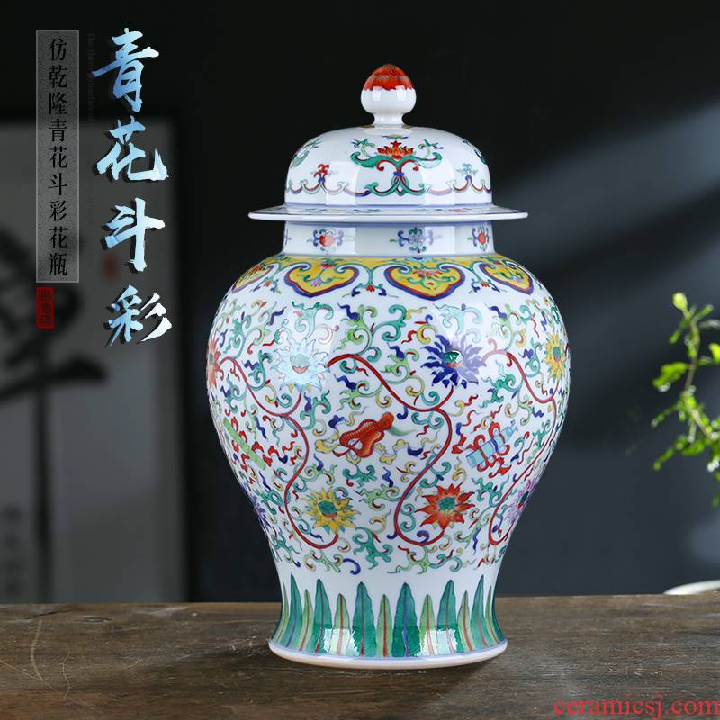 Jingdezhen blue and white porcelain vase color bucket the general pot of large household adornment is placed with cover storage tank arts and crafts