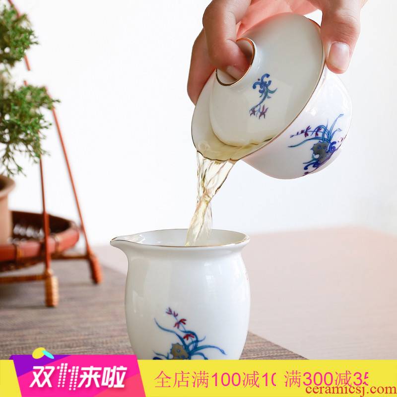 . Poly real scene set of jingdezhen fuels the orchid tea home a whole set of hand - made kung fu tureen suit S320 cups