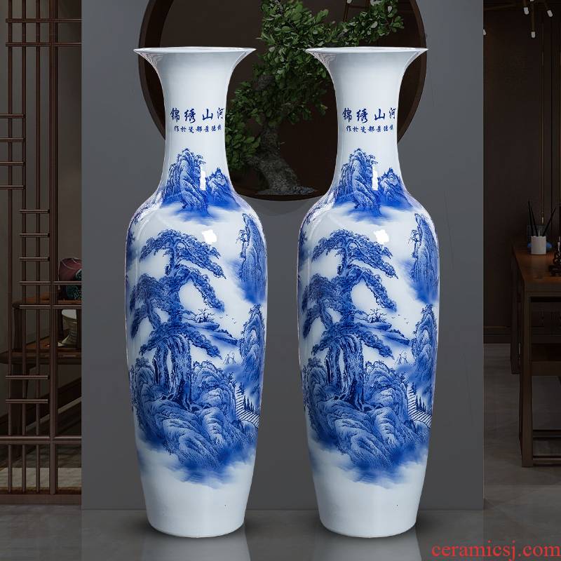 Blue and white porcelain of jingdezhen ceramics color ink large ground vase sitting room home furnishing articles furnishing articles hotel