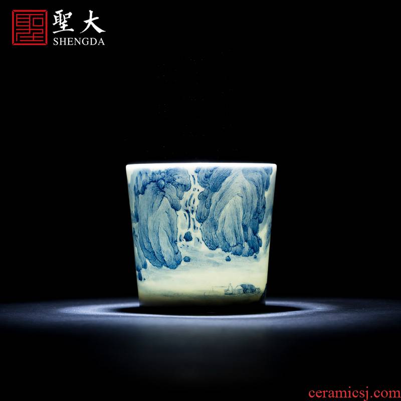 The big blue and white landscape sample tea cup jingdezhen ceramic kung fu tea masters cup hand - made all hand tea cup
