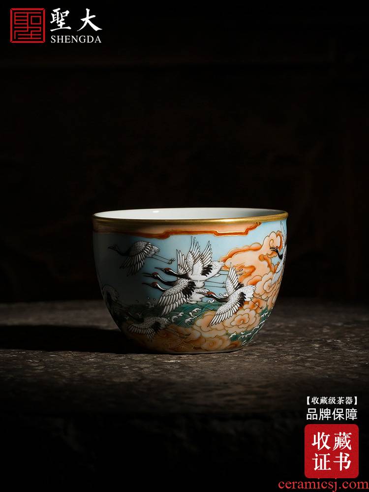 Holy big comprehensive enamel teacups hand - made ceramic kung fu Dan crane chaoyang cylinder cup single cup all hand of jingdezhen tea service