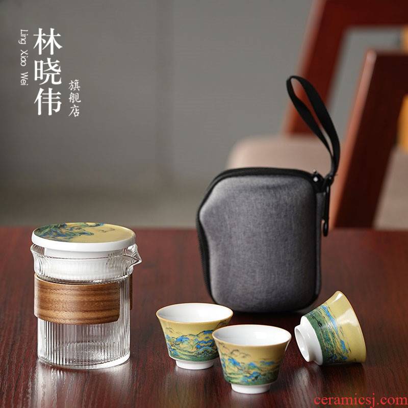 Lin Xiaowei crack cup against a pot of three cups of hot ceramics glass portable travel kung fu tea set contracted