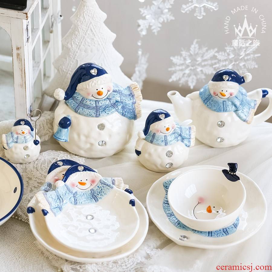 Furnishing articles of lovely Christmas ceramic decoration snack bowl teapot receive tank caster snowman plate