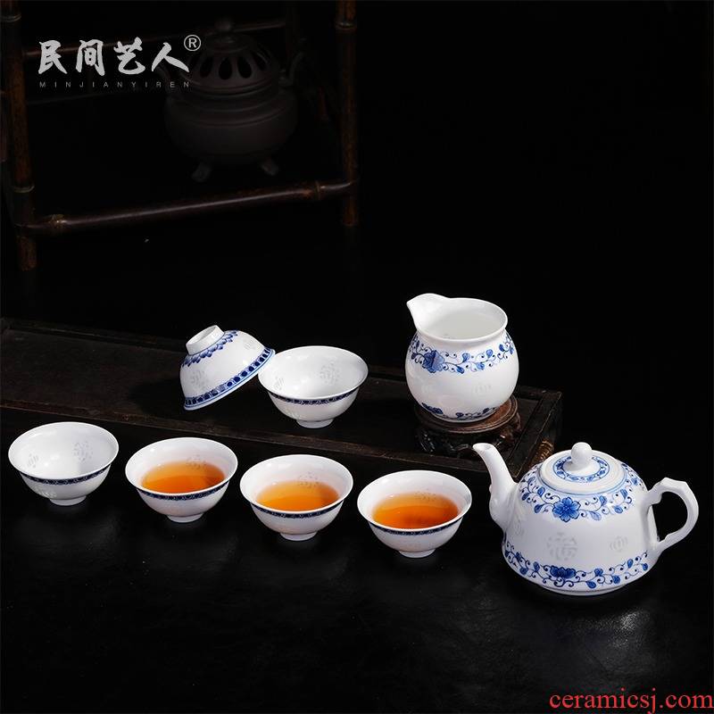 Jingdezhen blue and white and exquisite ceramic tea set suit hand - made kung fu tea cup teapot set fair keller