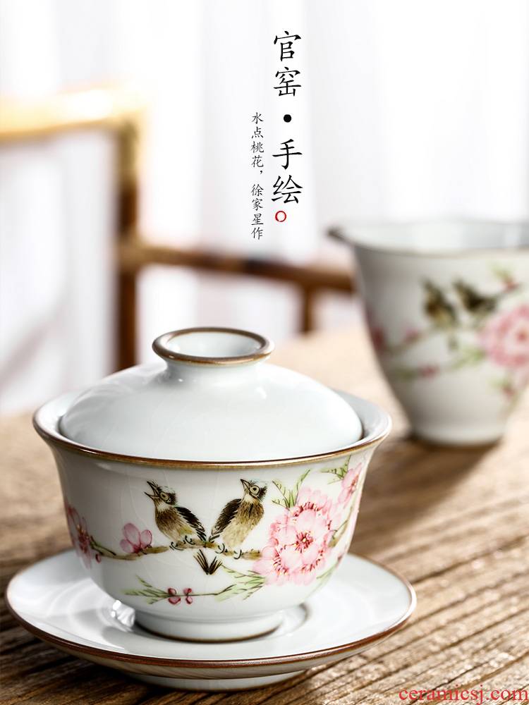 Light peach blossom put tea three Xu Jiaxing hand - made water tureen prevent hot large jingdezhen checking make tea bowl of tea